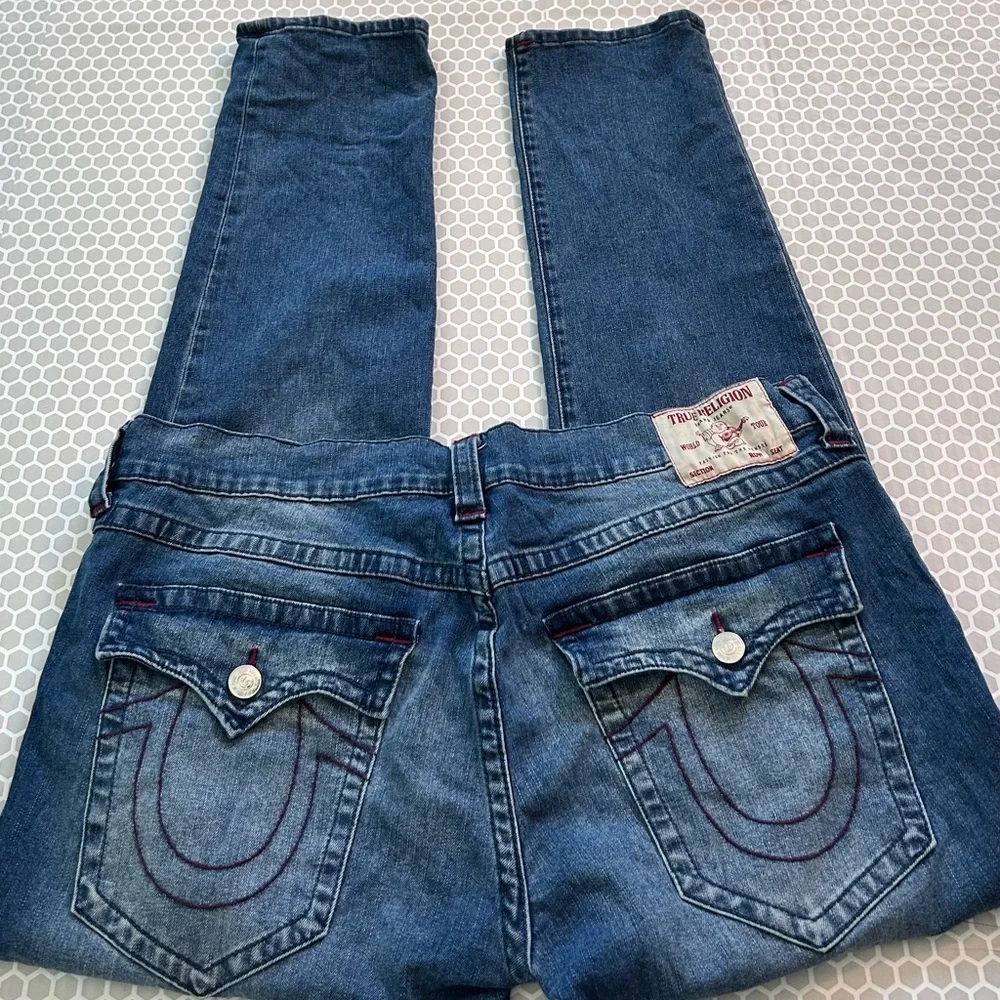 True Religion Men's Dark Slim Straight Jeans Horse Shoe Purple Silver Hardware